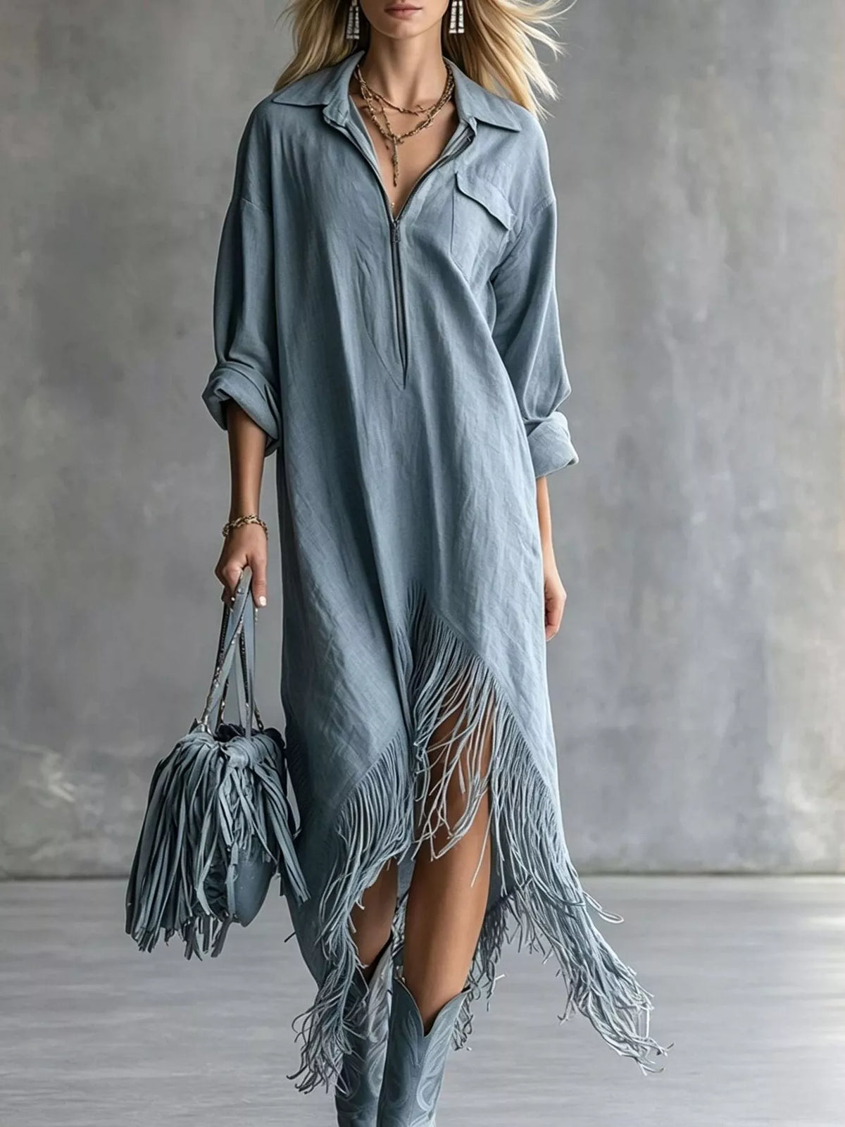 Zipper-Front Fringe Hem Midi Dress