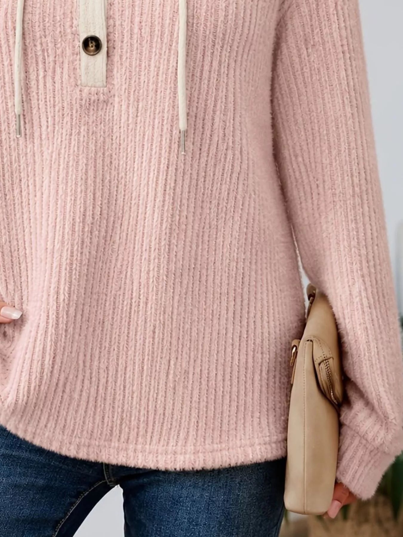 Full Size Drawstring Button Detail Hooded Sweater Plus Size