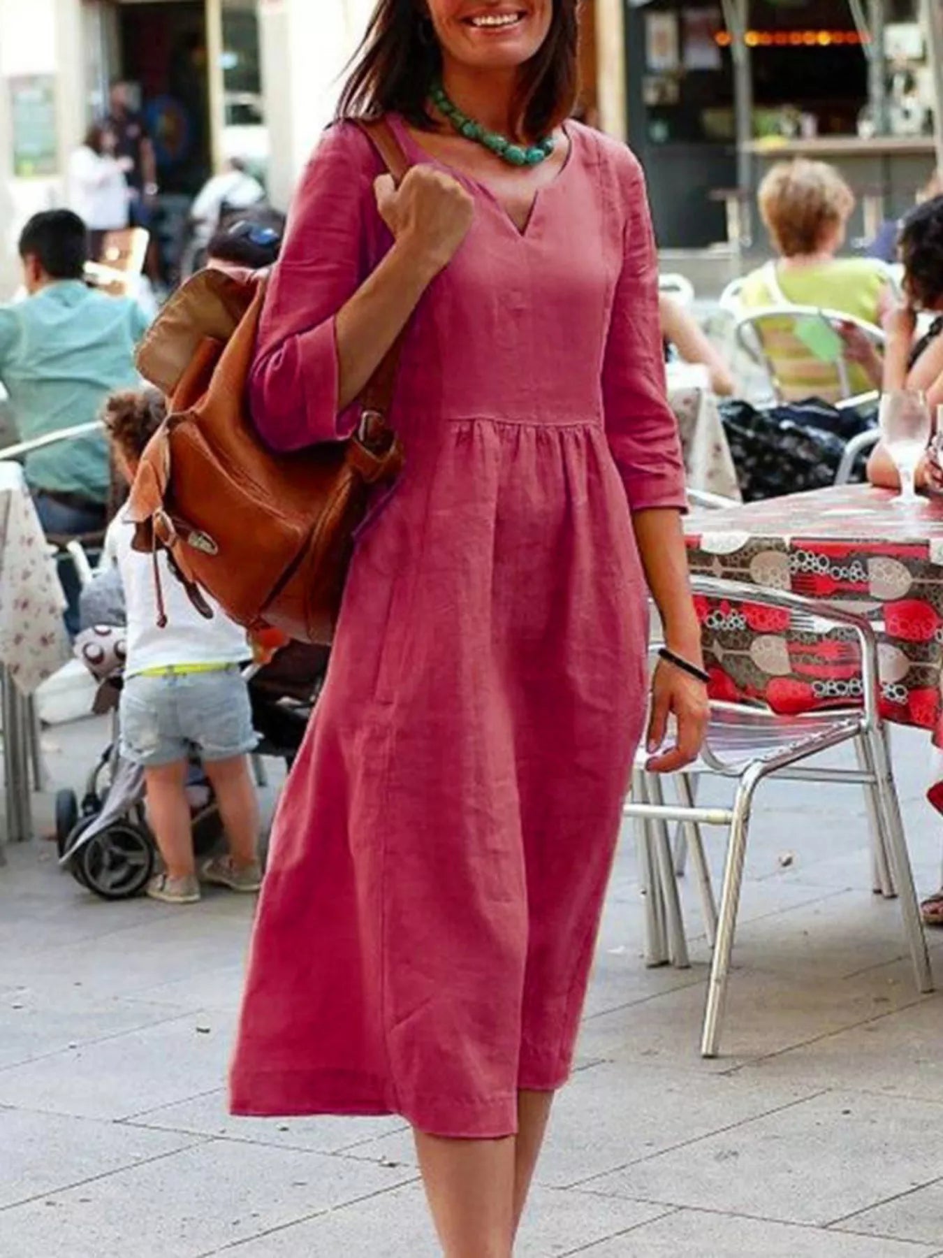 Full Size Notched 3/4 Sleeve Midi Dress Plus Size