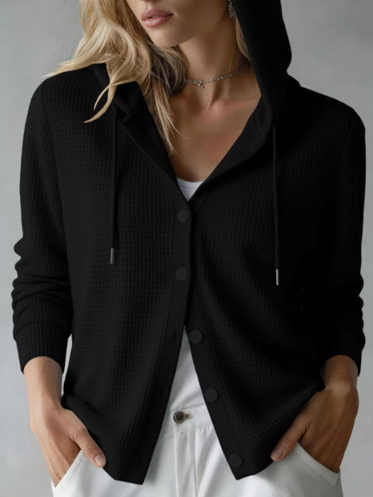 Waffle Knit Button-Down Hooded Cardigan