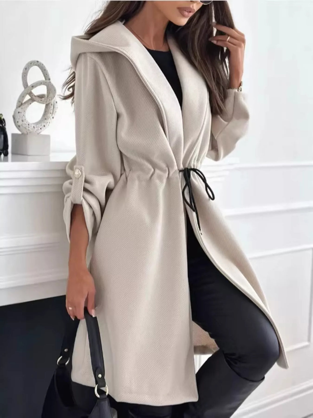 Full Size Hooded Drawstring Waist Casual Outerwear Plus Size