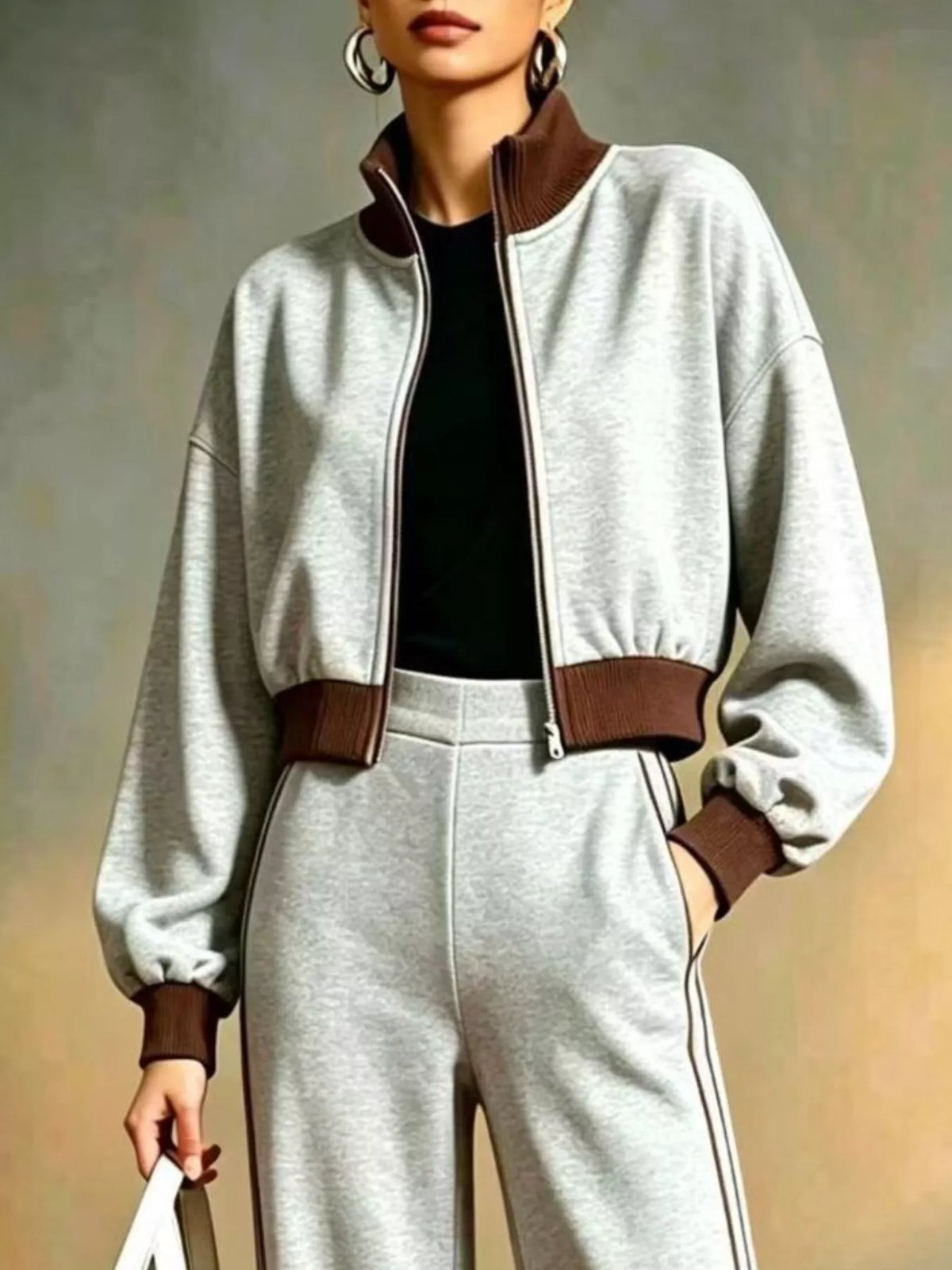Contrast Ribbed Jacket and Wide-Leg Pants Tracksuit Set