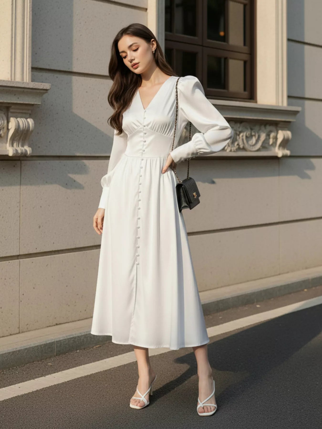 V-Neck Lantern Sleeve Midi Dress