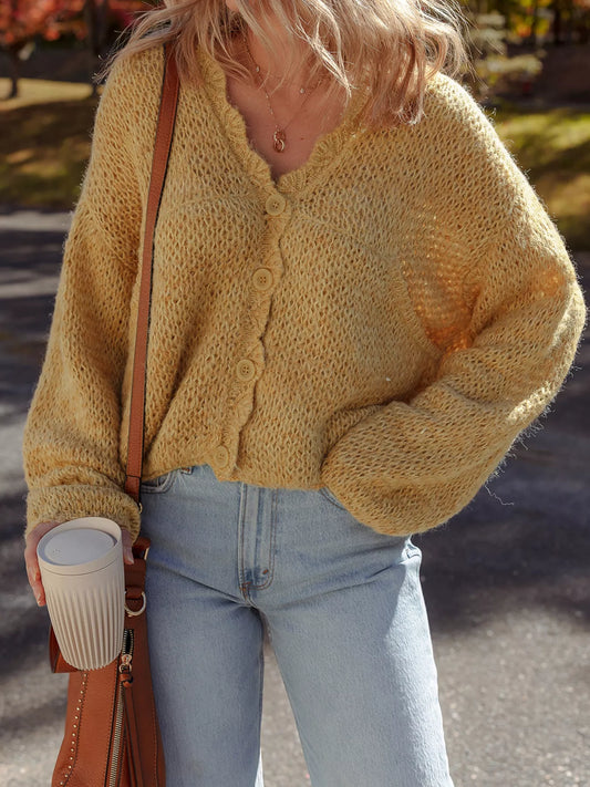 Lantern Sleeve Scallop V Neck Buttoned Front Cardigan