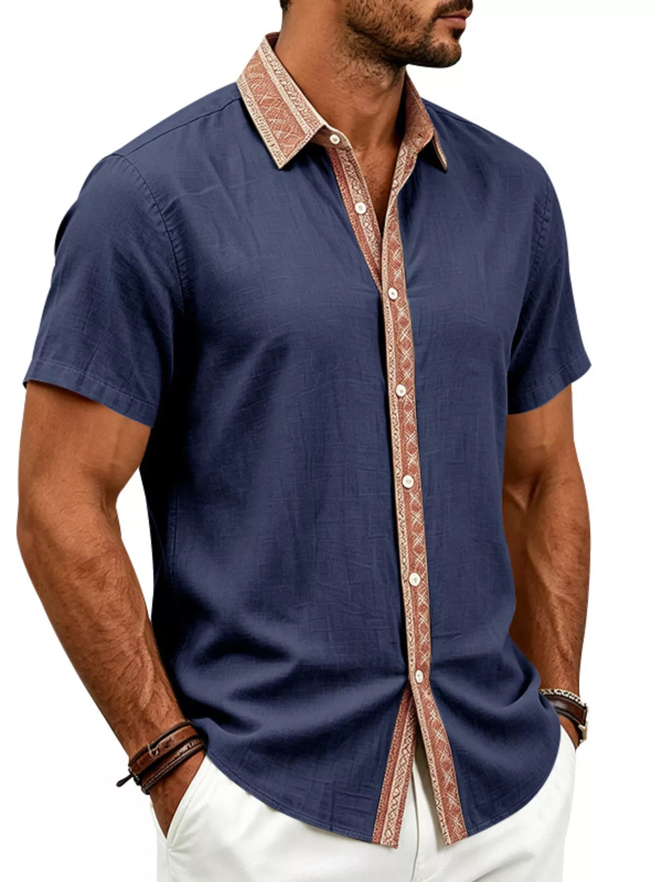 Men's Full Size Casual Short Sleeve Linen Shirt Plus Size