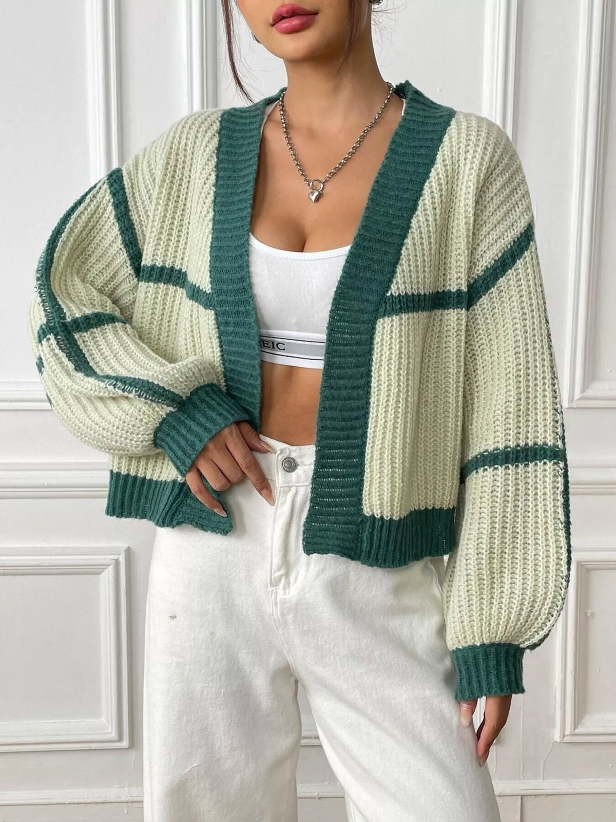 Color-Block Ribbed Knit Open-Front Cropped Cardigan