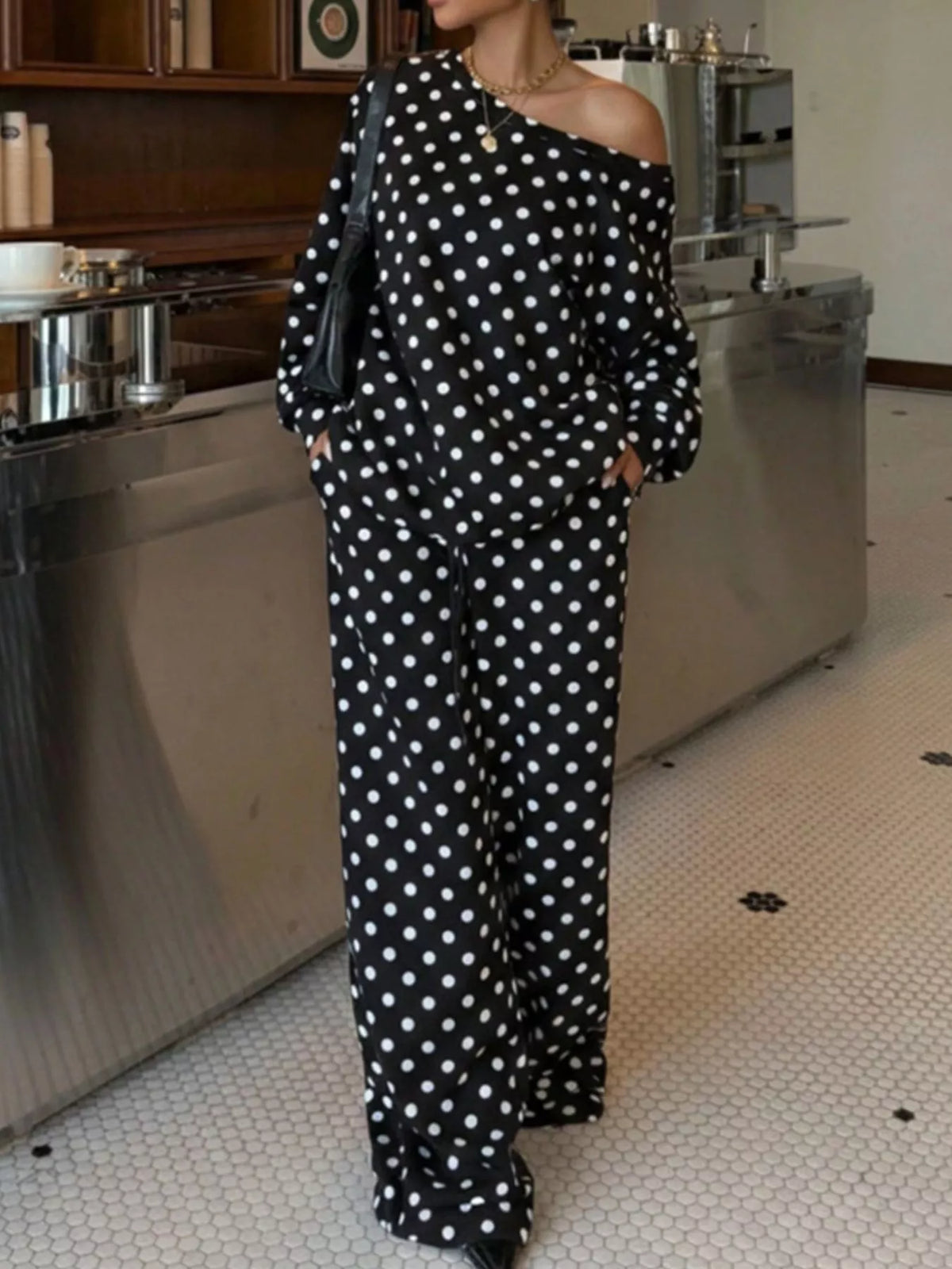 Polka Dot Long Sleeve Top and Pants Set