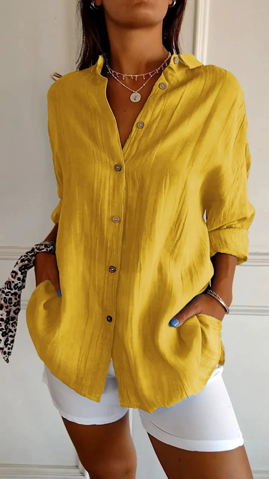 Women's Oversized Lapel Button-Down Shirt with Pleated Back
