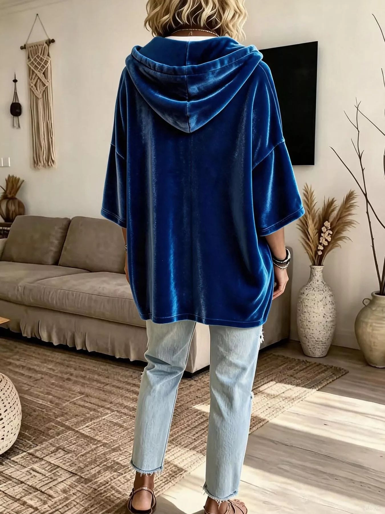 Full Size Velvet Button Detail Drawstring Hoodie Plus Size