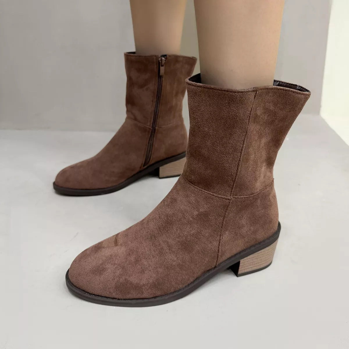 Round Toe Block Heels Ankle Boots