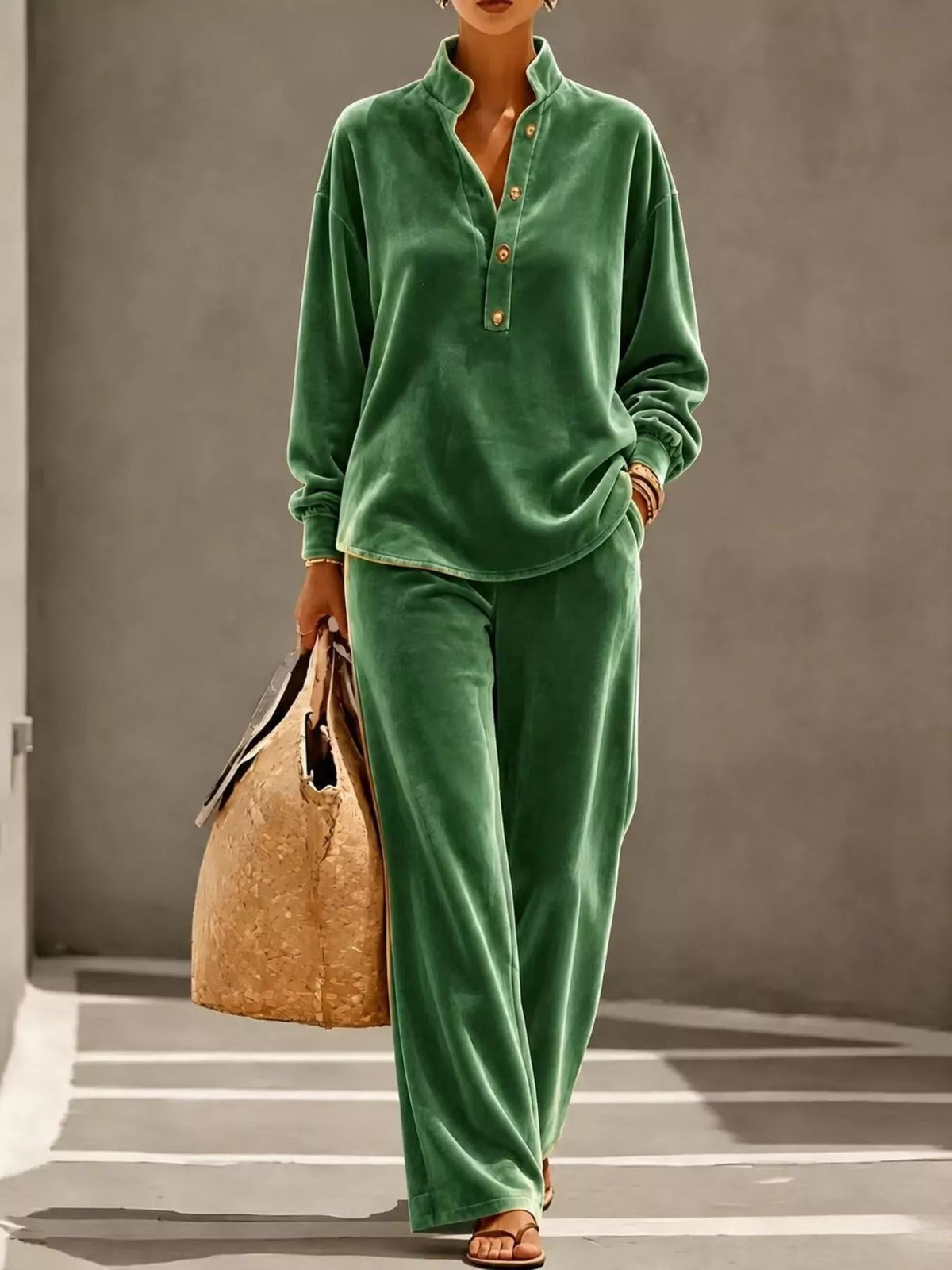 Full Size Half Button Top and Wide Leg Pants Set Plus Size