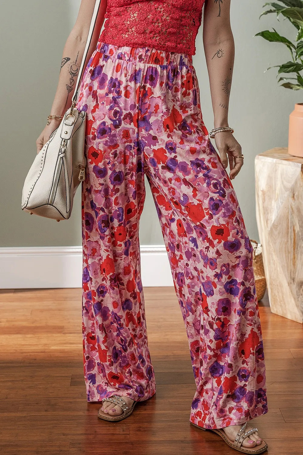 Floral Wide Leg Elastic High Waist Pants