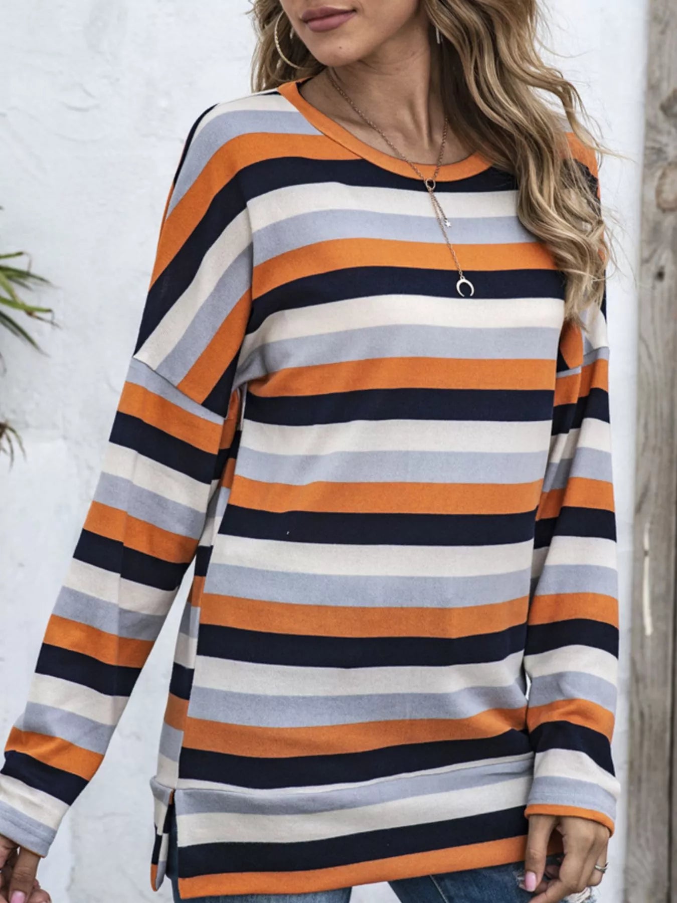 Full Size Casual Striped Long Sleeve Crew Neck Top Plus Size