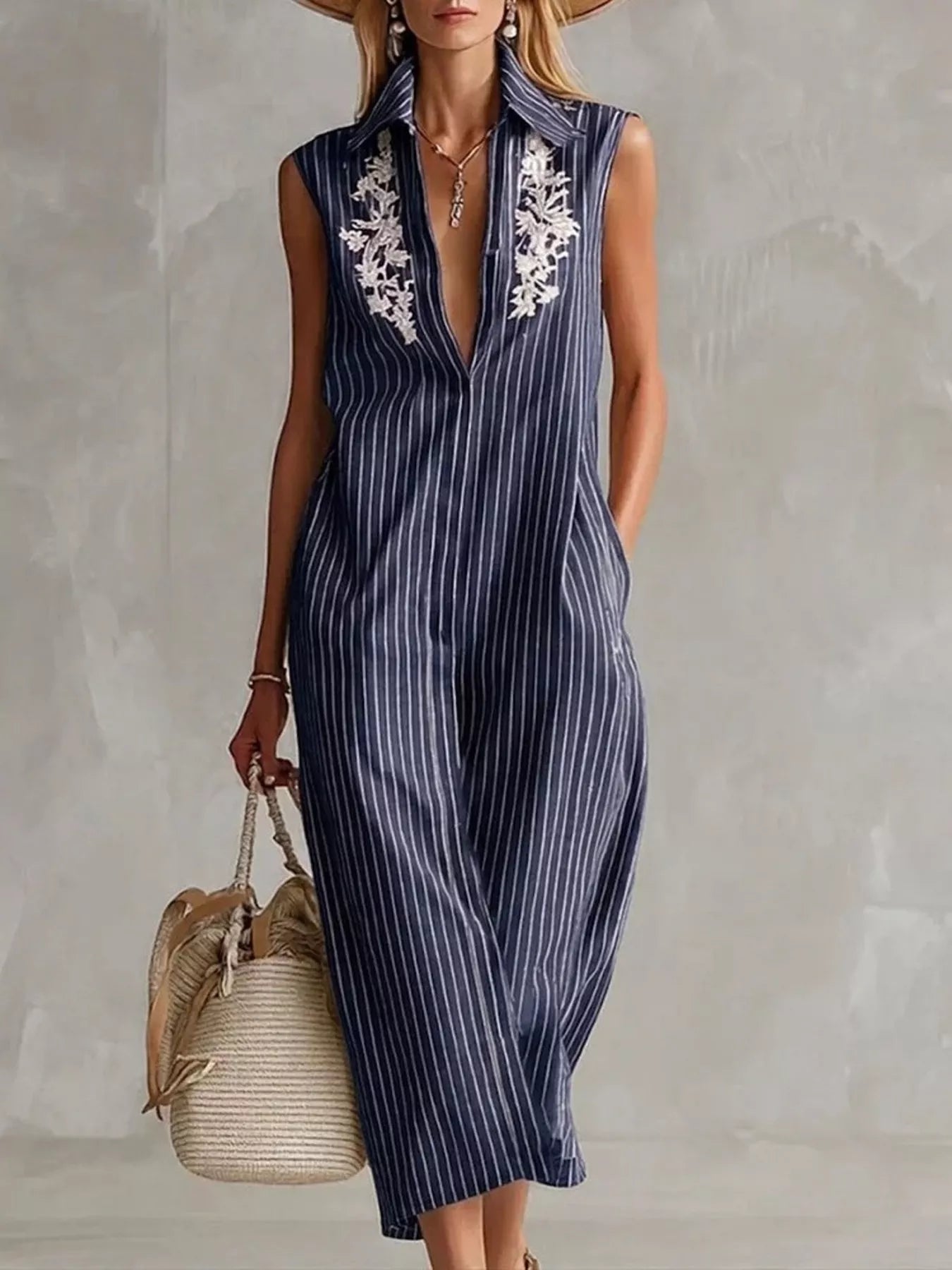 Full Size Striped Sleeveless Collared Neck Shirt Dress Plus Size