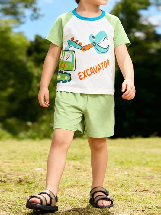 Children's Excavator Round Neck Top and Shorts Set