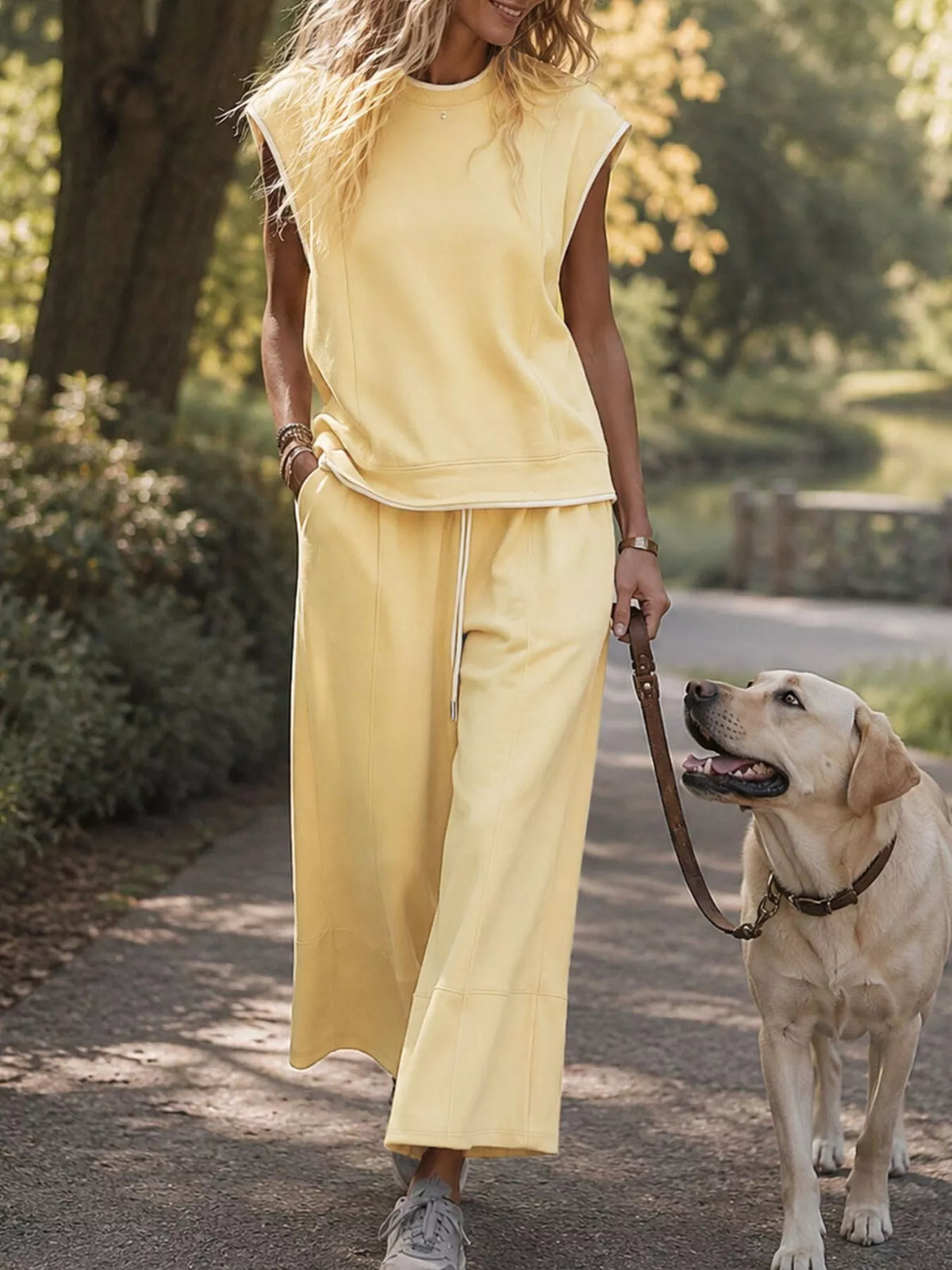 Sleeveless Crew Neck Top and Wide-Leg Cropped Pants Set