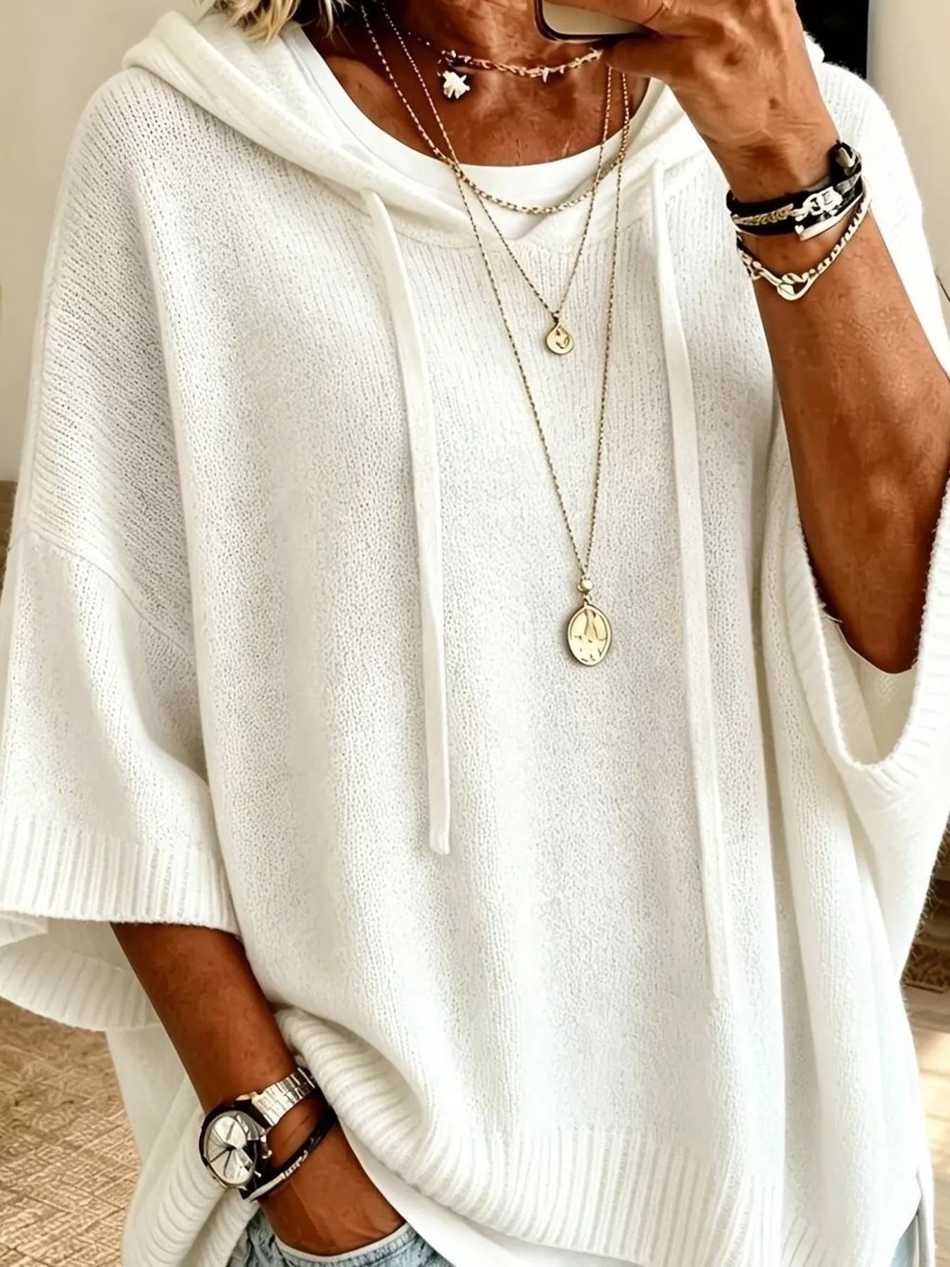 Full Size Casual Hooded Batwing Sleeve Knit Sweater Plus Size
