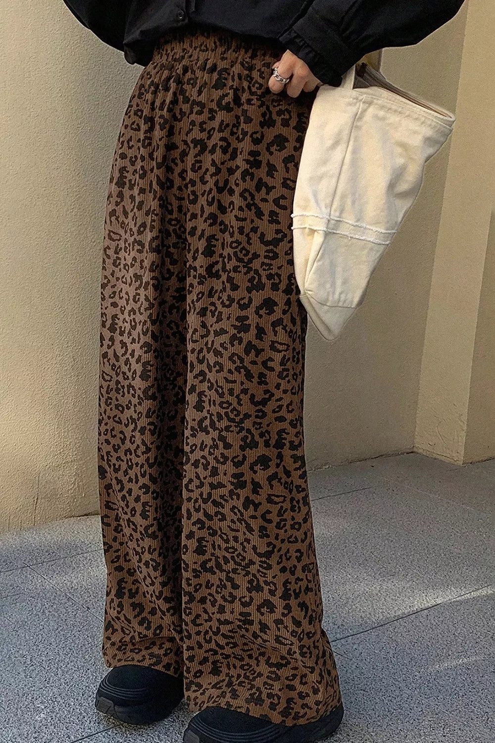 Leopard Print Elastic High Waist Loose Corduroy Pants