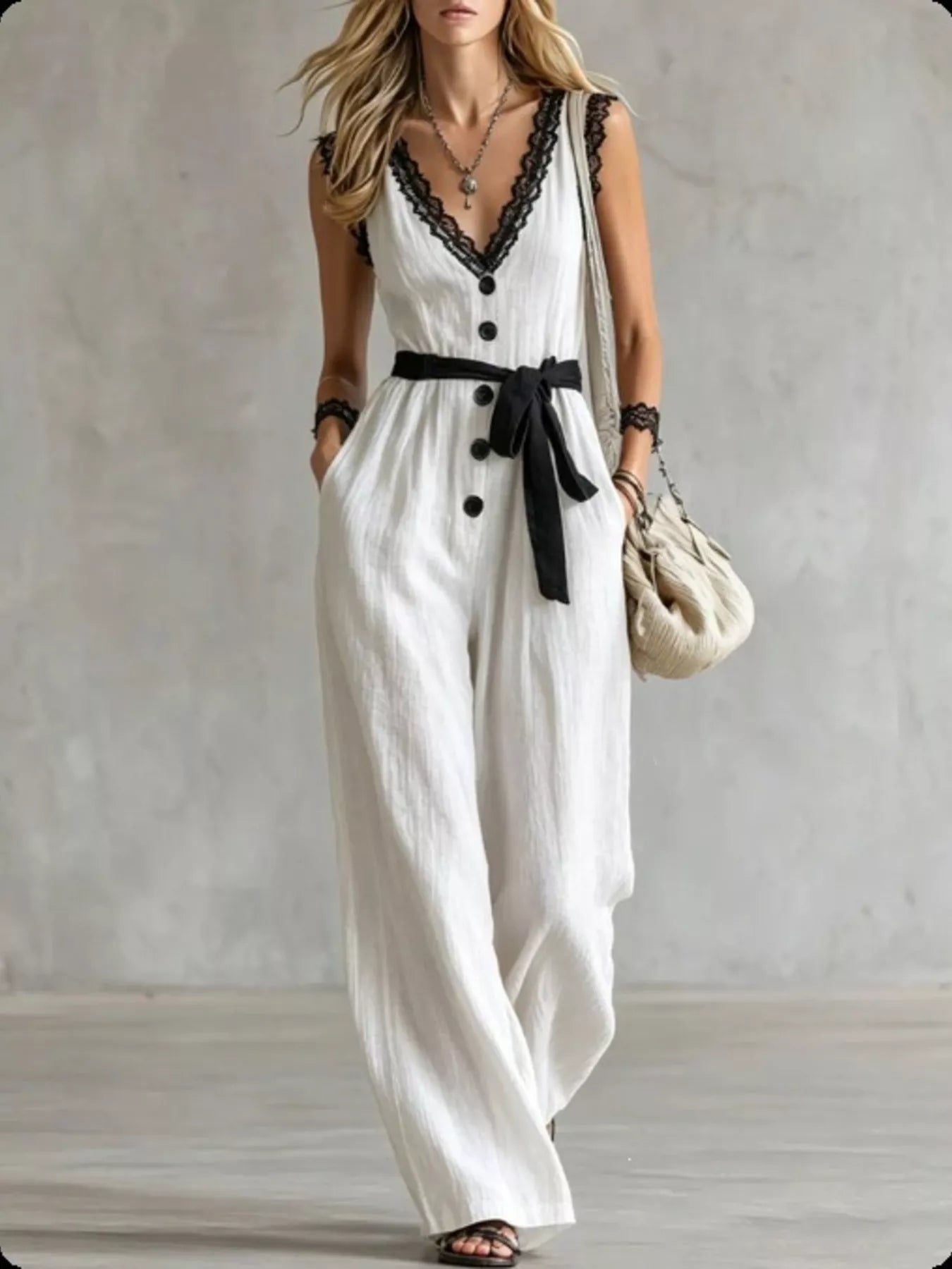 Lace Detail V-Neck Sleeveless Jumpsuit