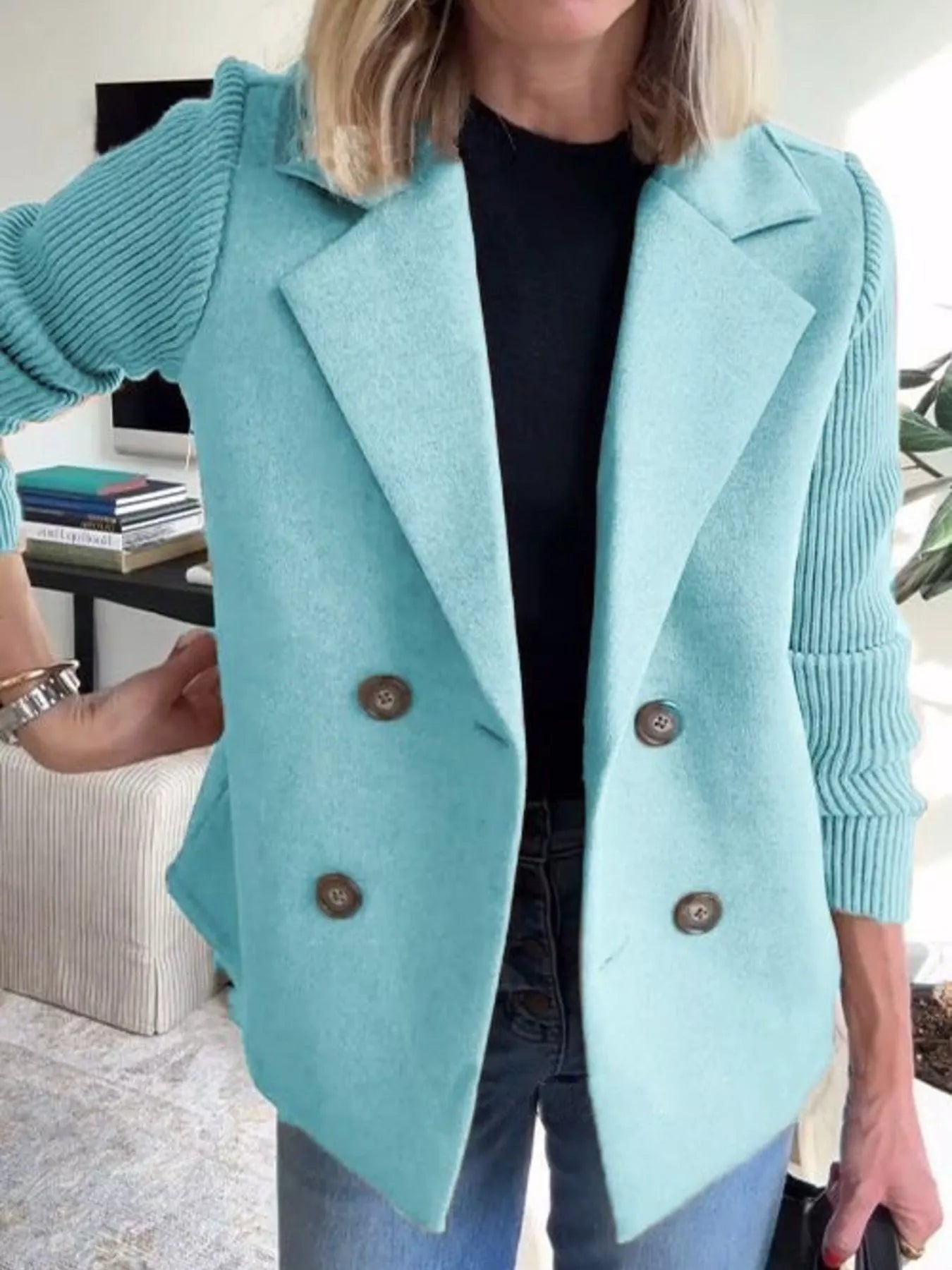 Full Size Knit Sleeve Double-Breasted Outerwear Plus Size