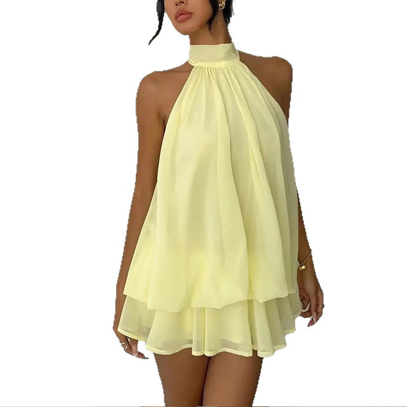 Women's Elegant Halter Mini Dress With Bow Tie Detail Ruffled Design Backless A-Line Summer Dress For Daily & Formal Wear (See size chart where applicable)