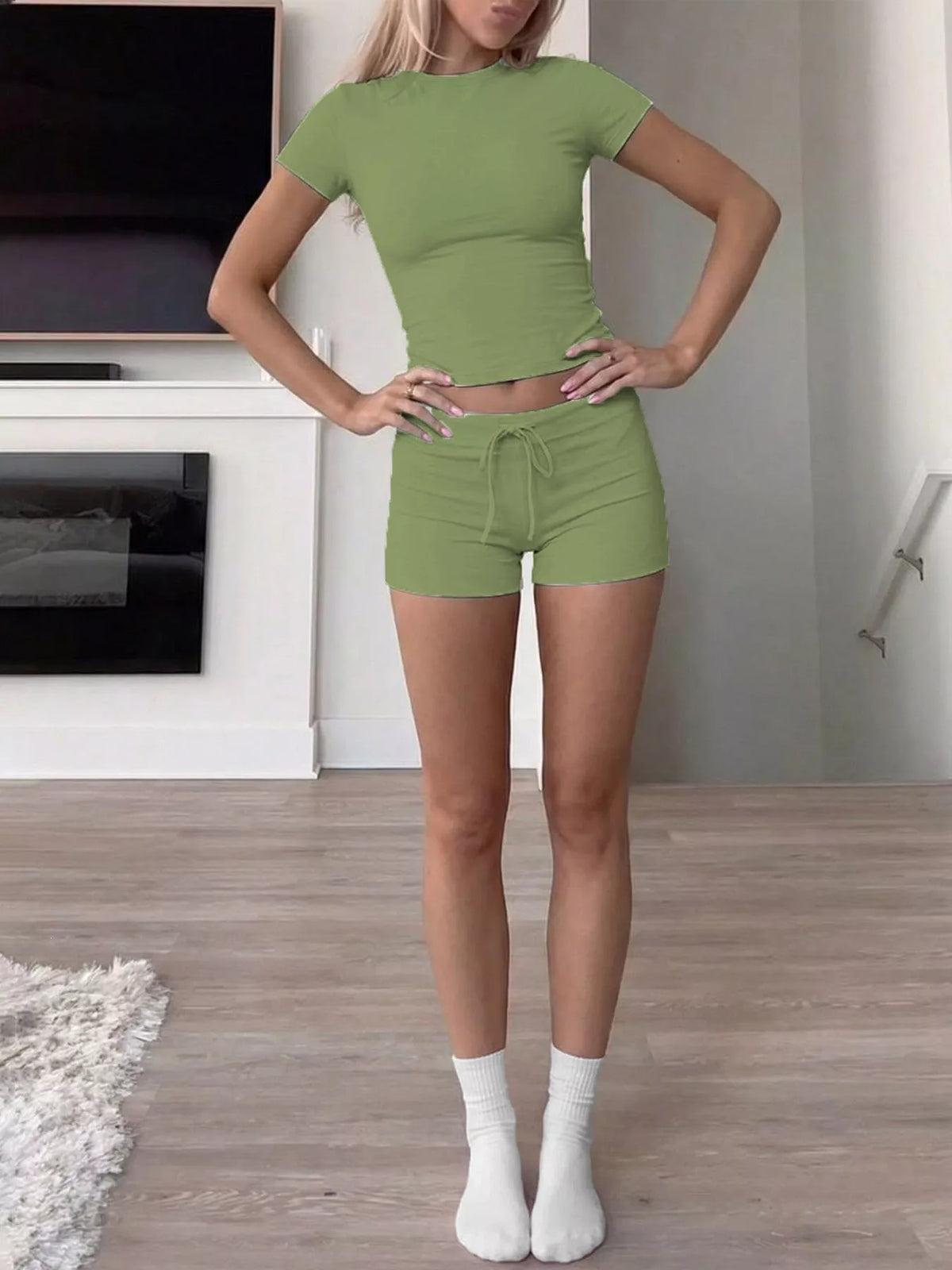 Mock Neck Crop Top and Drawstring Shorts Set