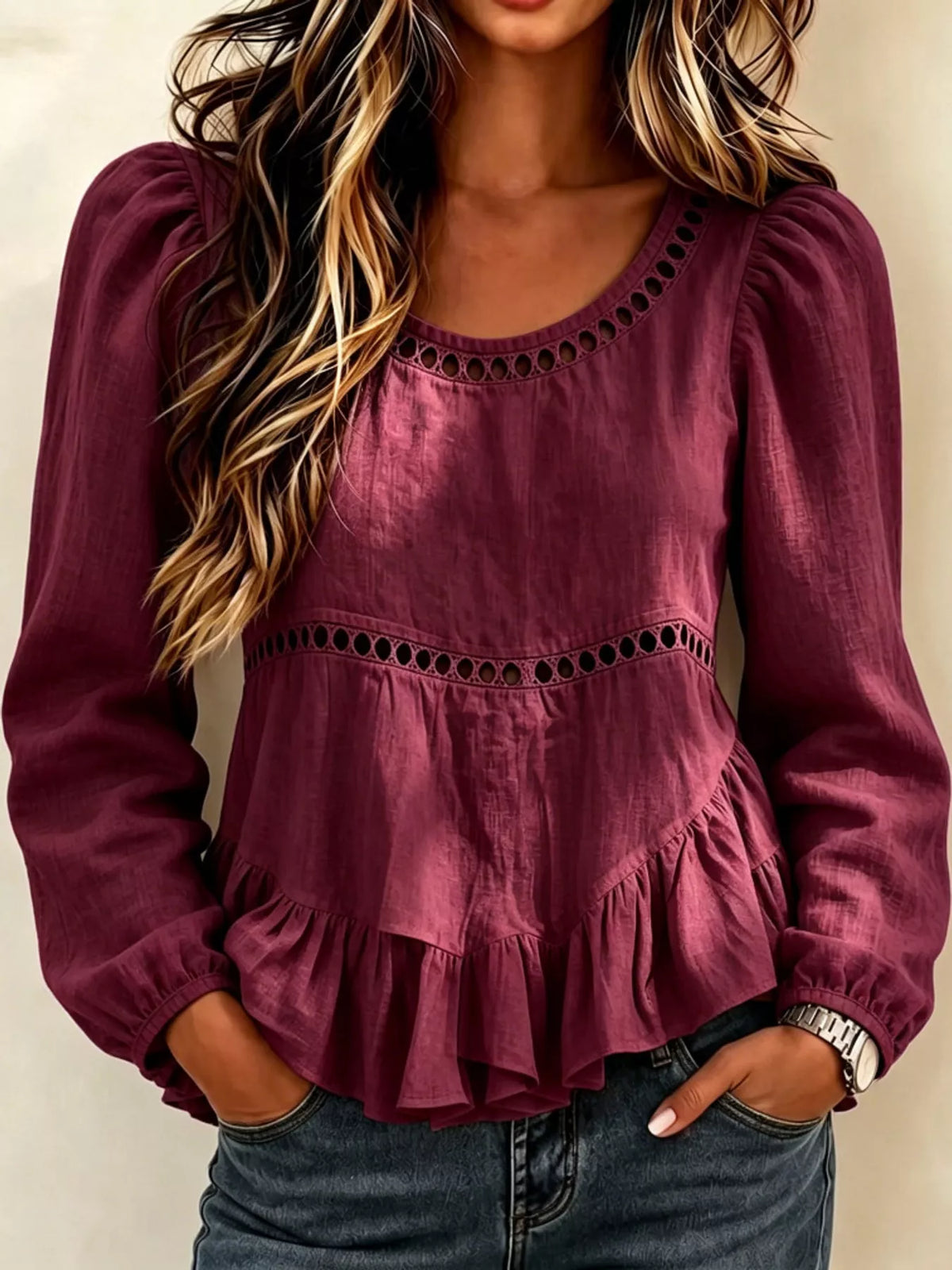 Long Sleeve Blouse with Eyelet Lace Trim and Ruffled Hem