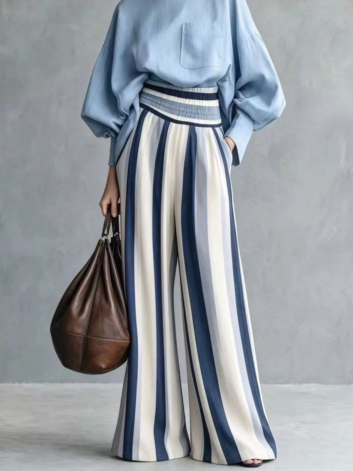 Full Size Mock Neck Top and Striped Wide-Leg Pants Set Plus Size