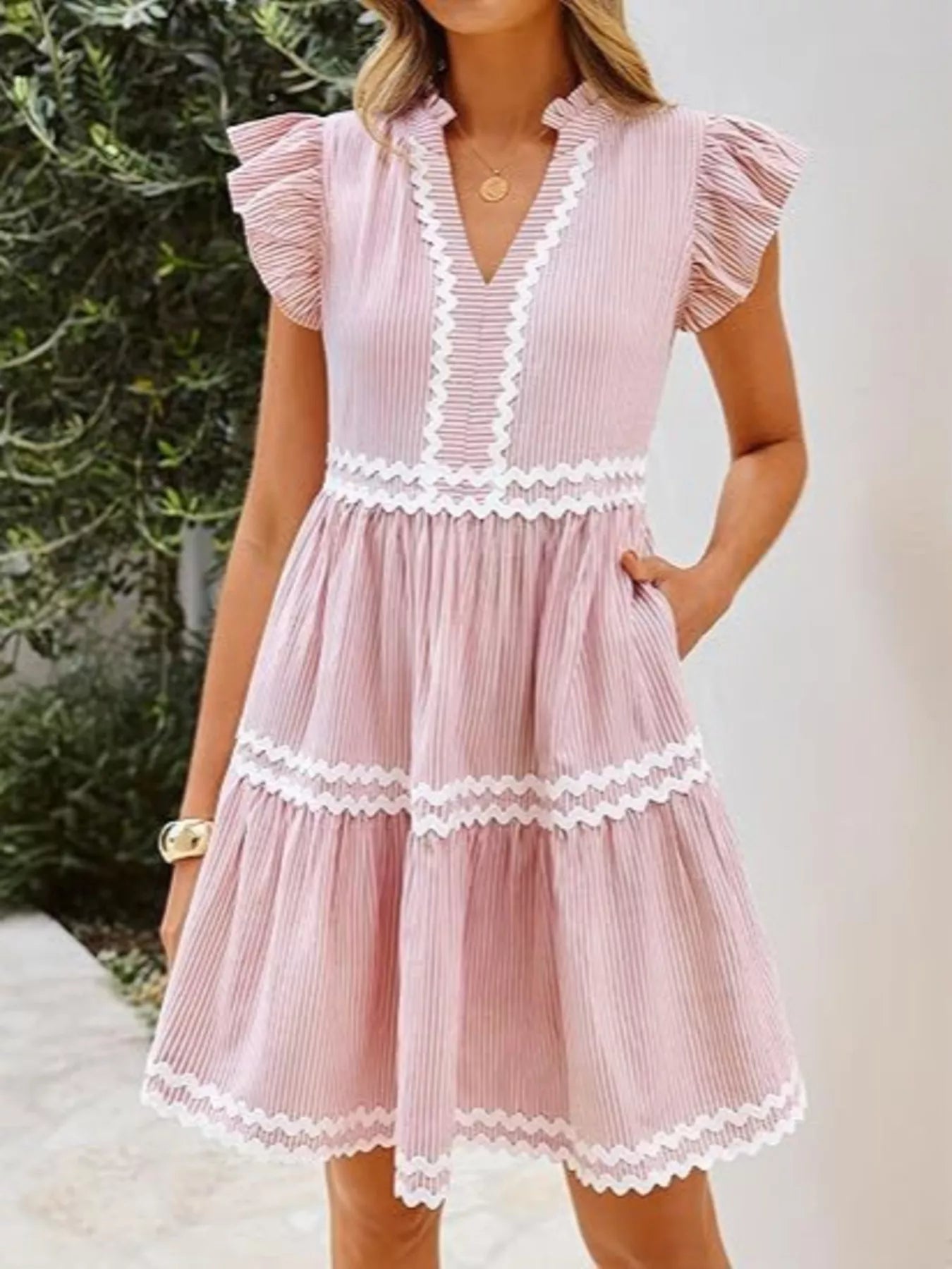 Striped Ruffle Sleeve Tiered Dress