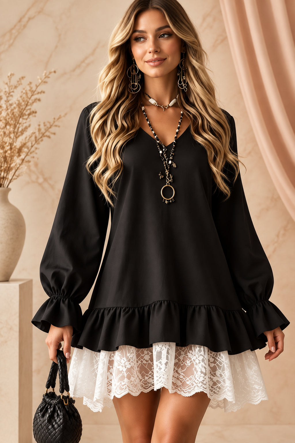 Women's Ruffled V-Neck Lace Hem Mini Dress with Lantern Sleeves