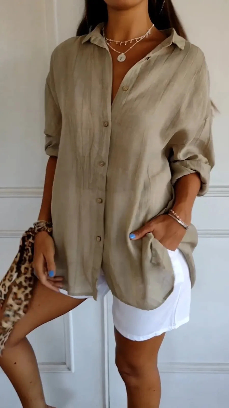 Women's Oversized Lapel Button-Down Shirt with Pleated Back