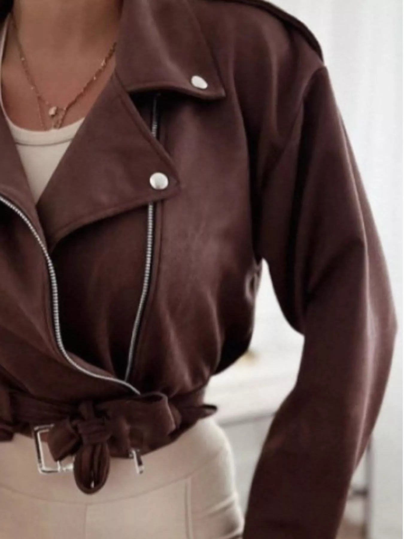 Cropped Biker Jacket with Belt Detail