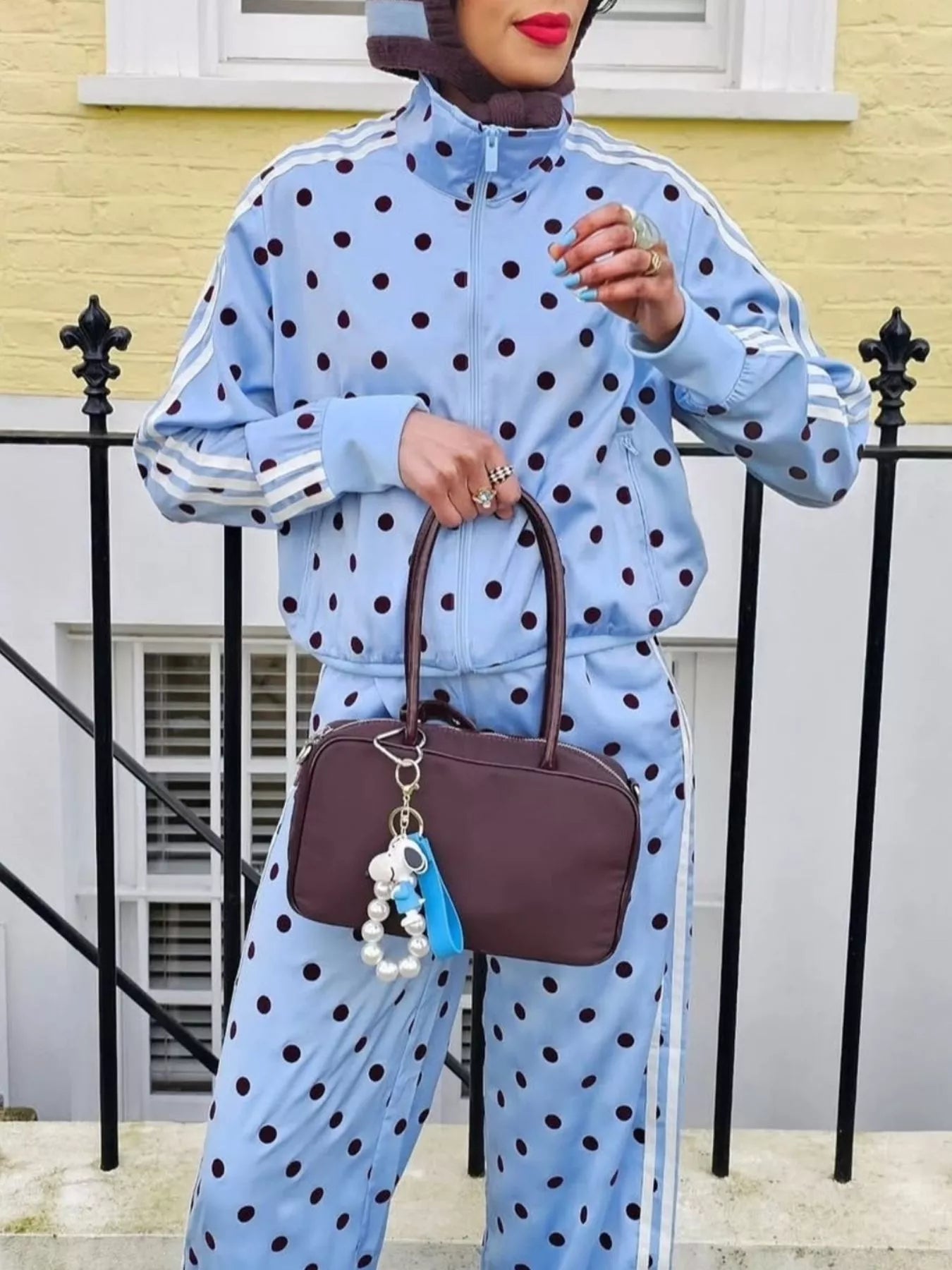 Polka Dot Zip Up Outerwear and Pants Set