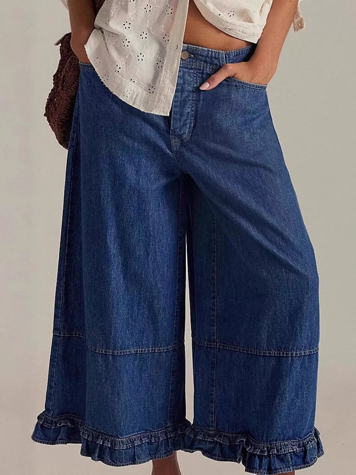 Wide-Leg Ruffle Hem Jeans