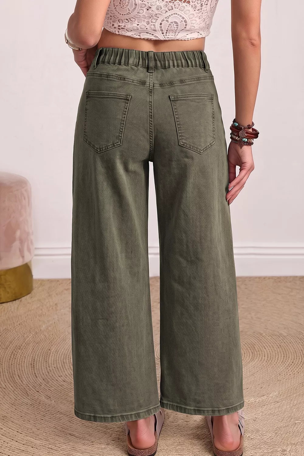 Four Leaf Clover Solid Color Square Patch Pocket Ankle-length Barrel Jeans