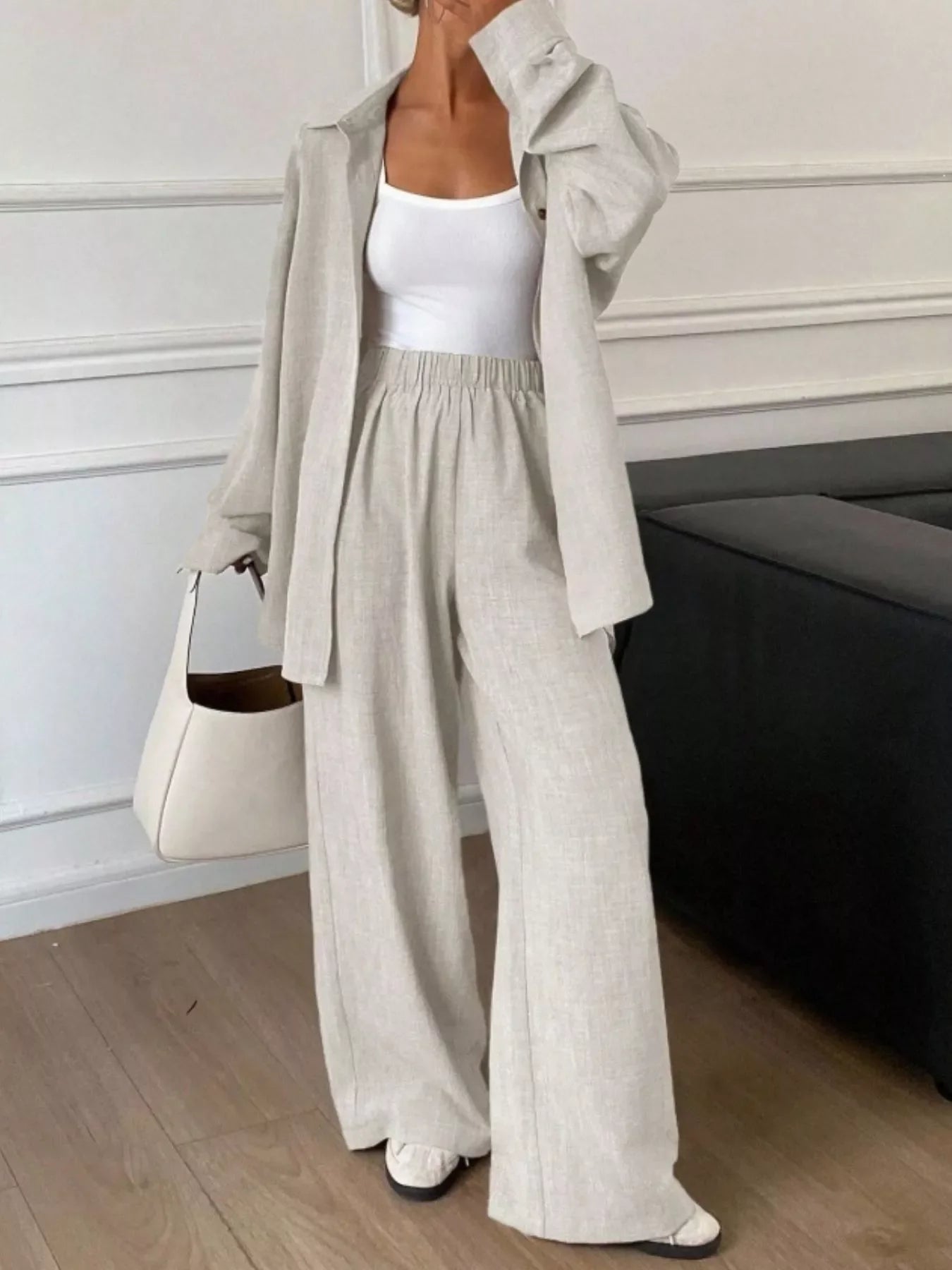 Button-Down Shirt and Wide-Leg Pants Set