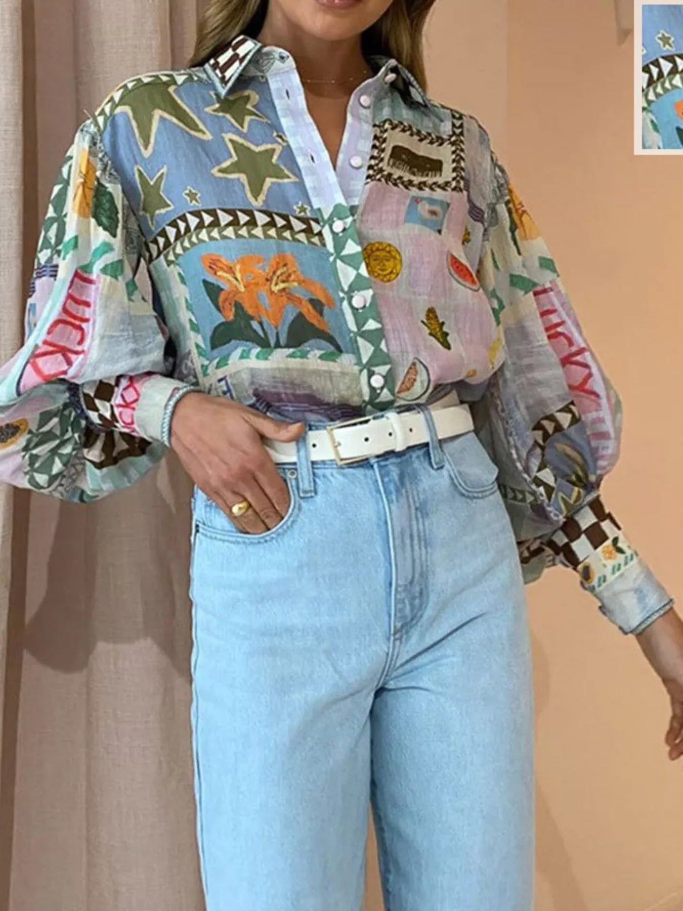 Full Size Printed Lantern Sleeve Button Up Shirt Plus Size
