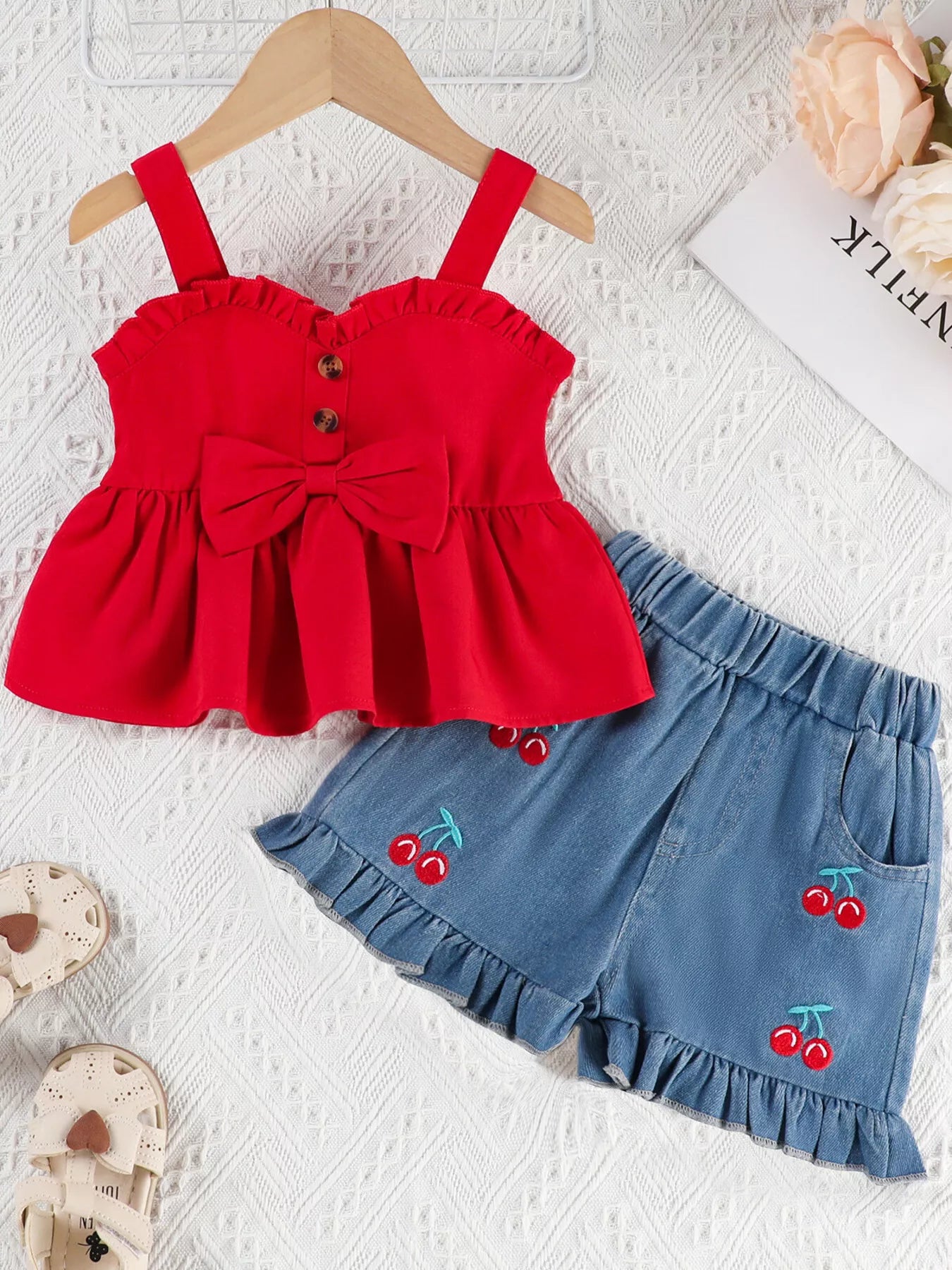 Children's Ruffle Trim Top & Denim Shorts Set