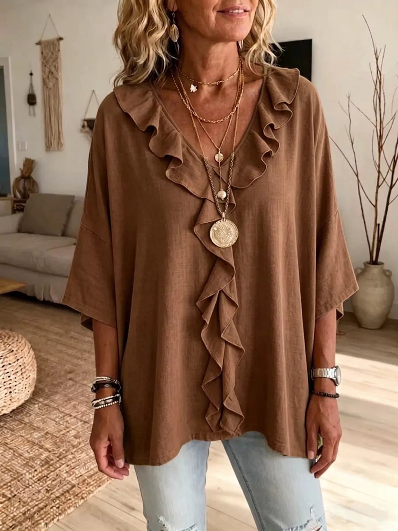 Full Size Ruffled V-Neck 3/4 Sleeve Blouse Plus Size