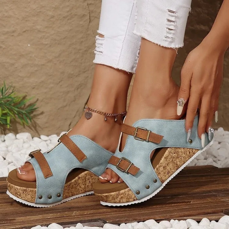 Double Buckle Platform Wedge Sandals