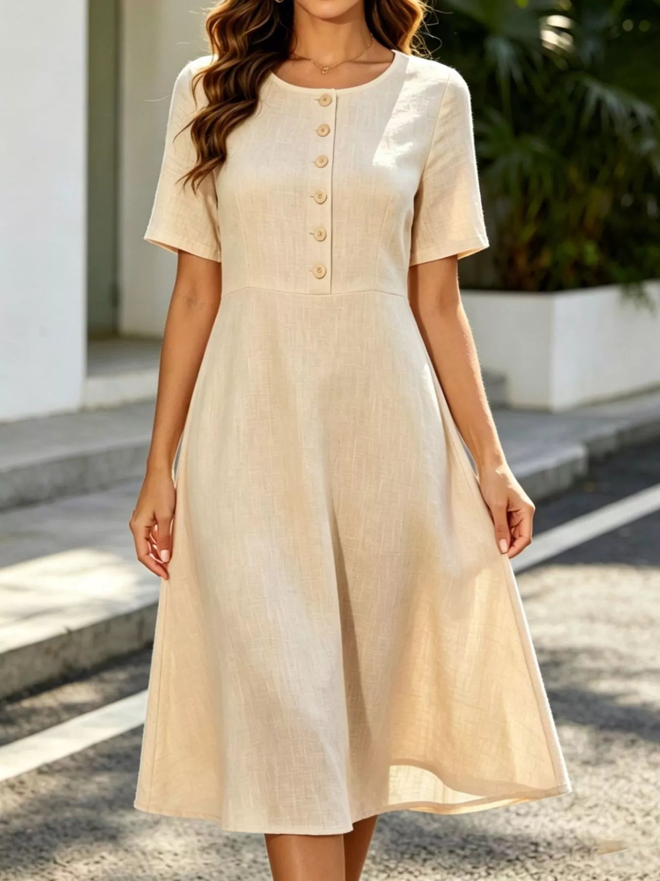 Button Detail A-Line Midi Dress