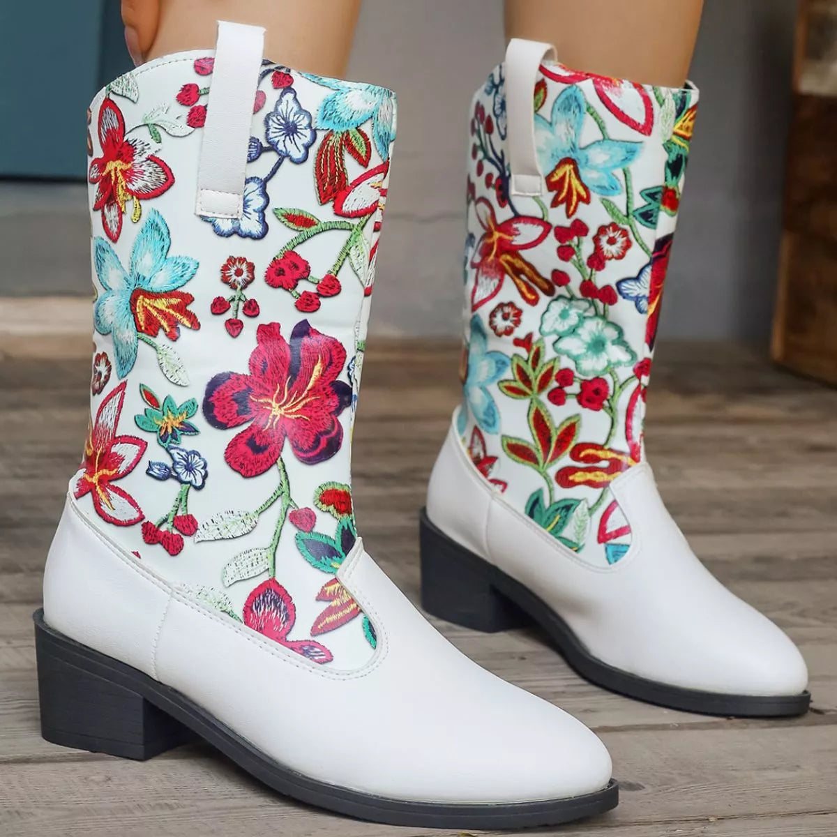 Floral Block Heel Boots