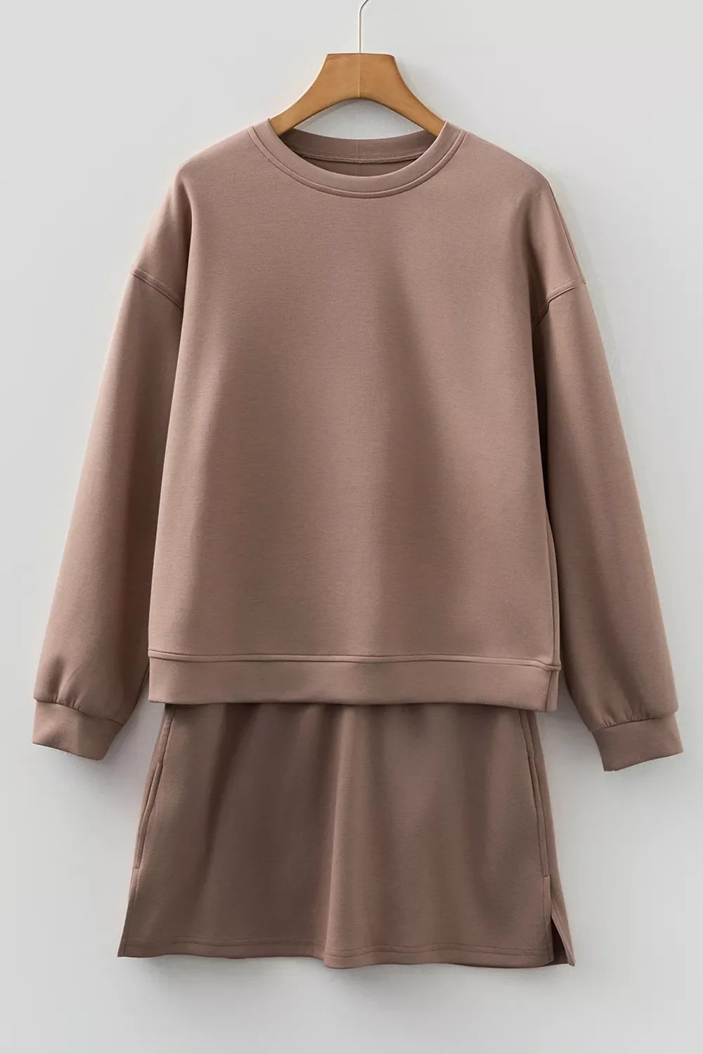 Solid Color Drop Shoulder Pullover Drawstring Mini Skirt 2pcs Outfit