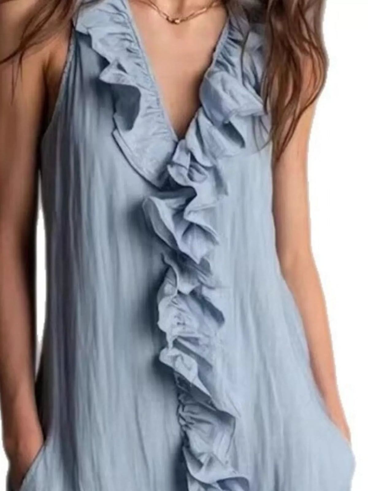 Sleeveless Ruffle Trim V-Neck Midi Dress