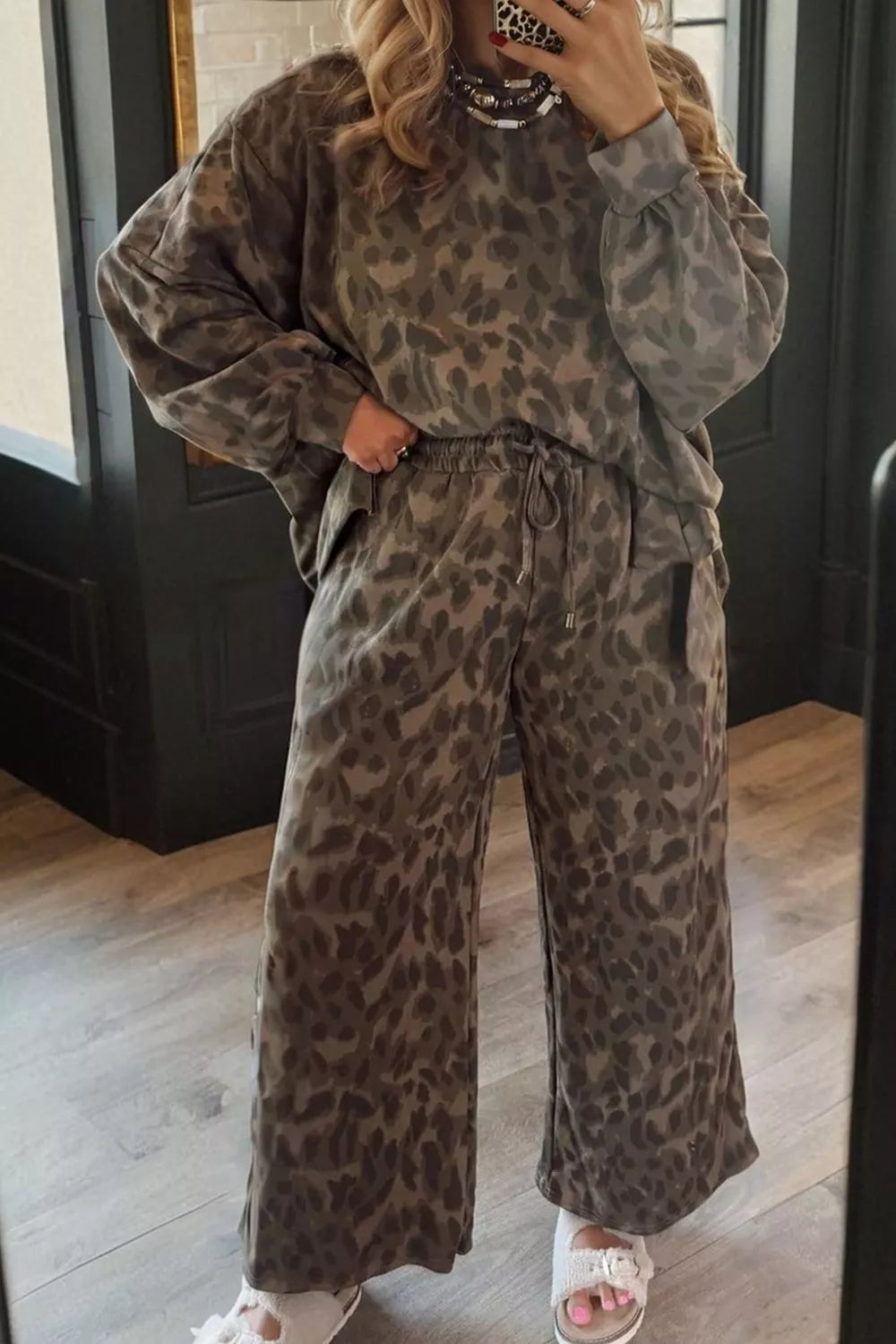 Leopard Print Long Sleeve Top and Pants Set