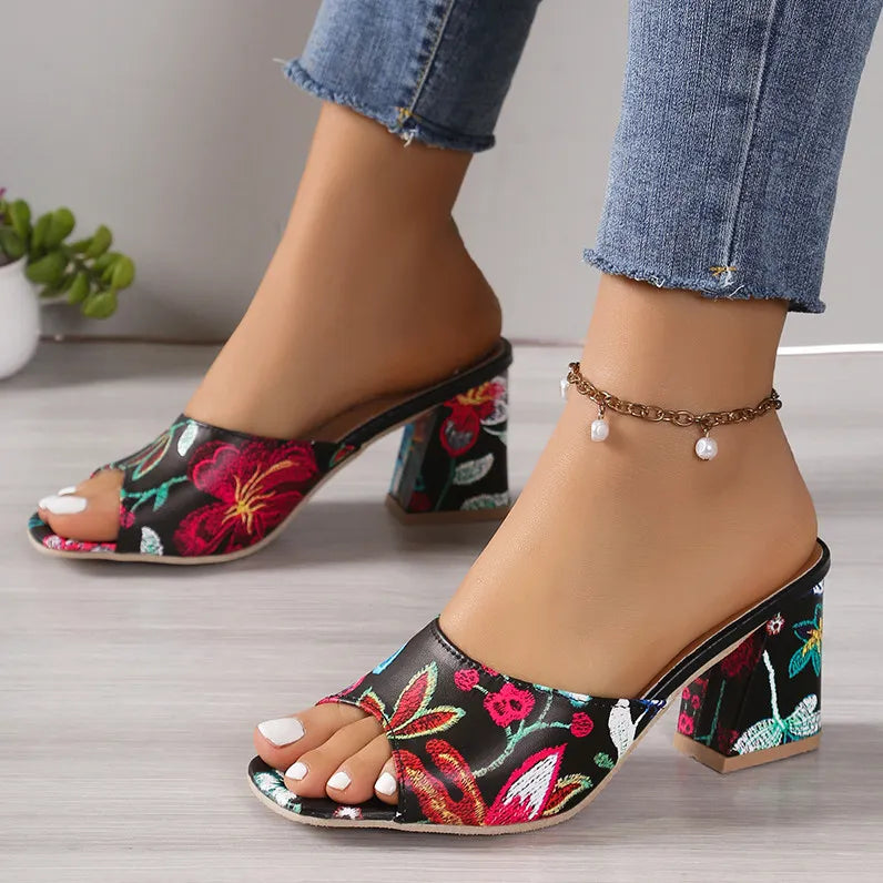 Printed Block Heels Sandals