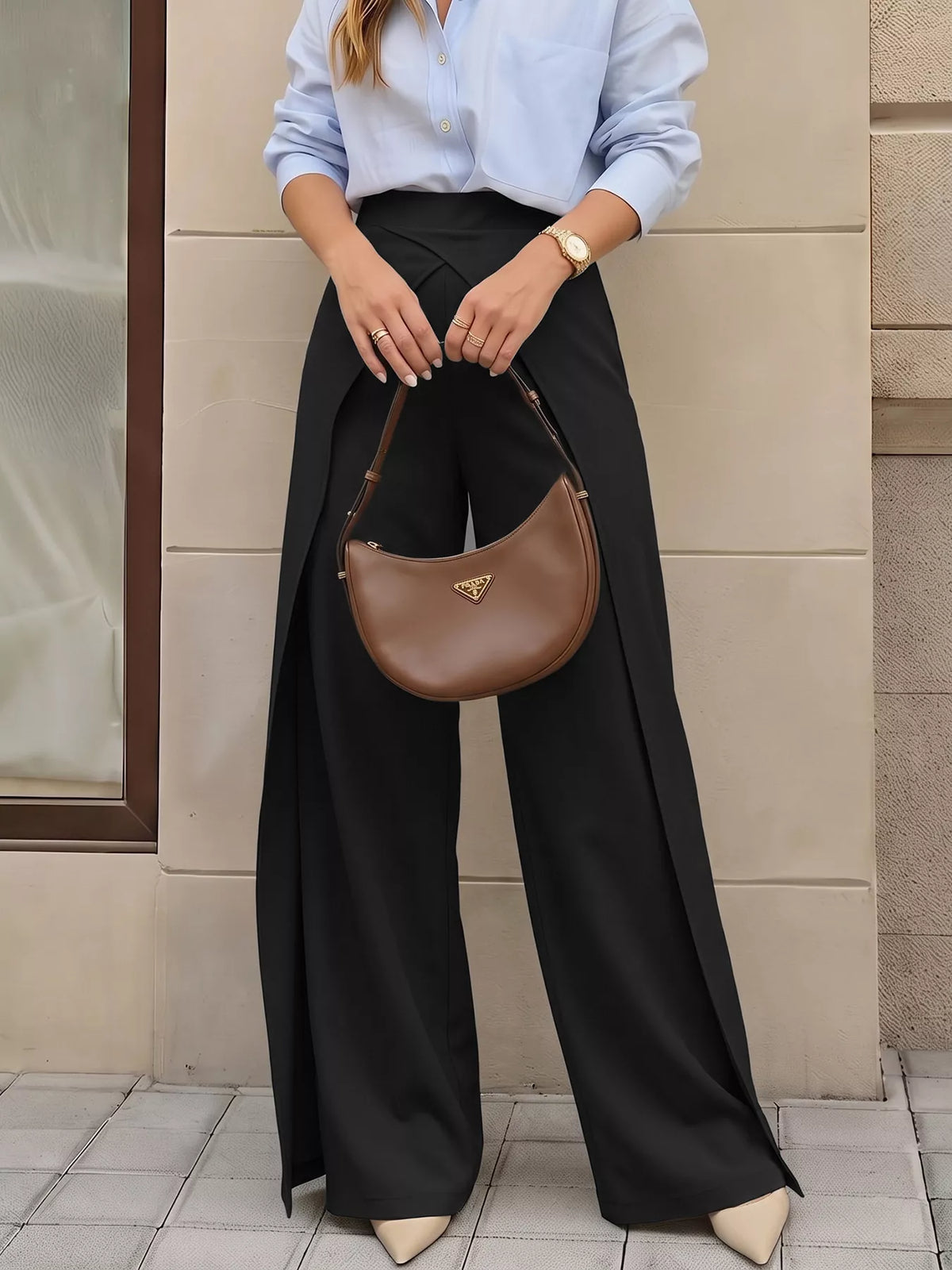 Wide-Leg Pants with Overlap Front Detail