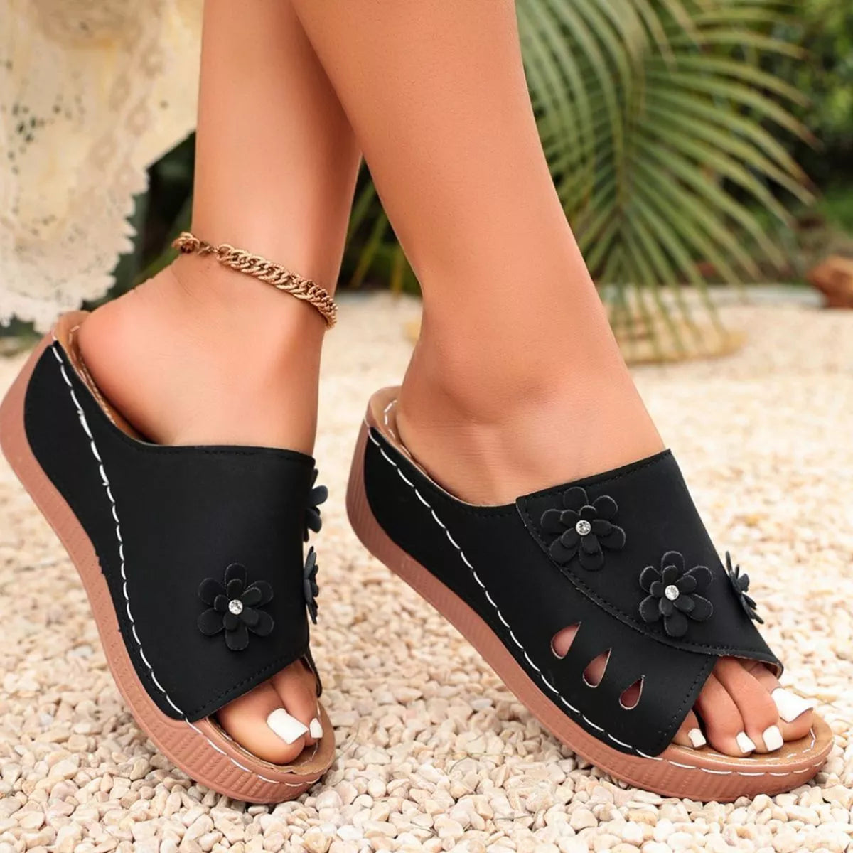 Comfortable Wedge Sandals with Floral Embellishments