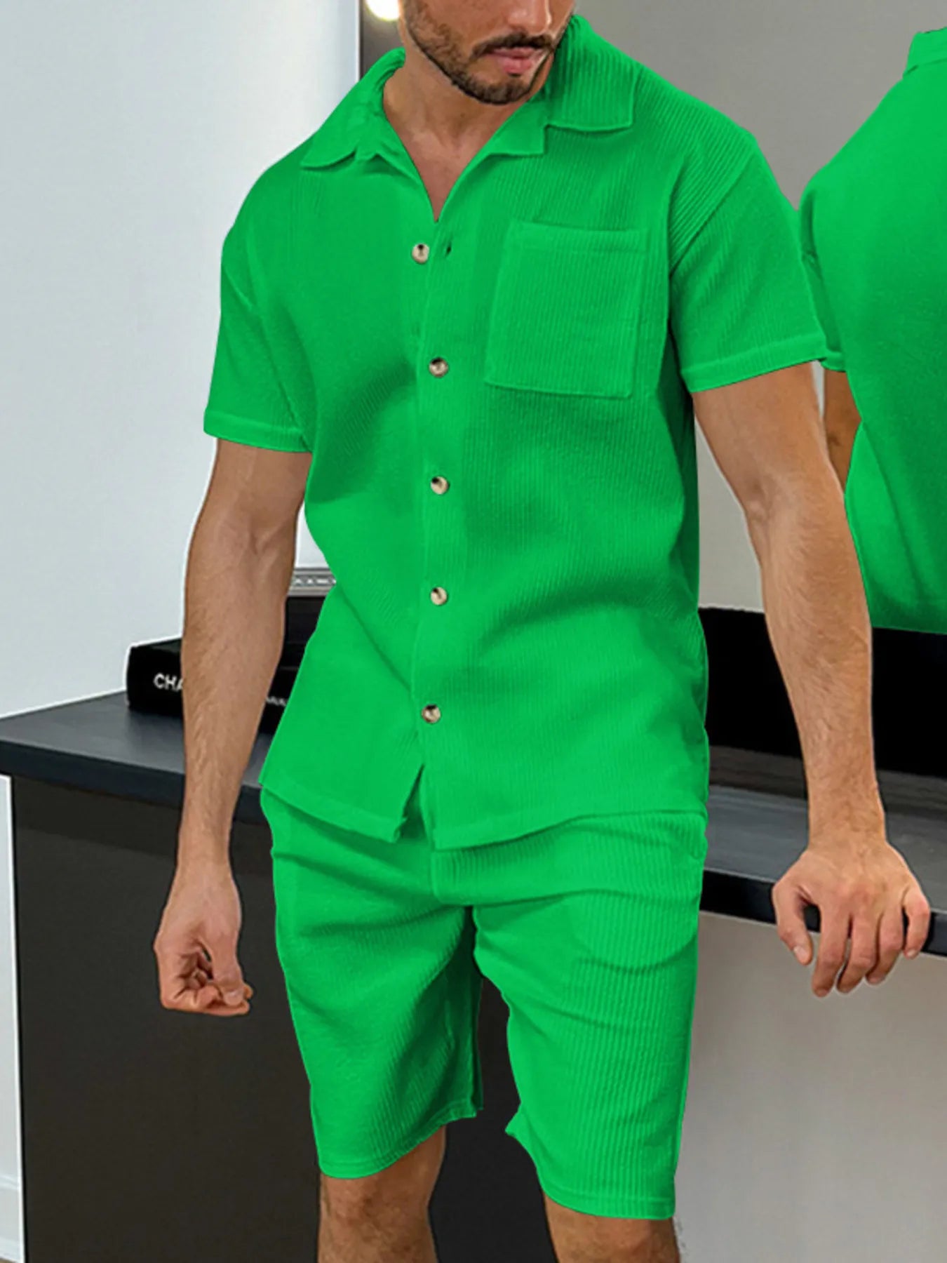 Men's Full Size Button Up Top and Shorts Set Plus Size
