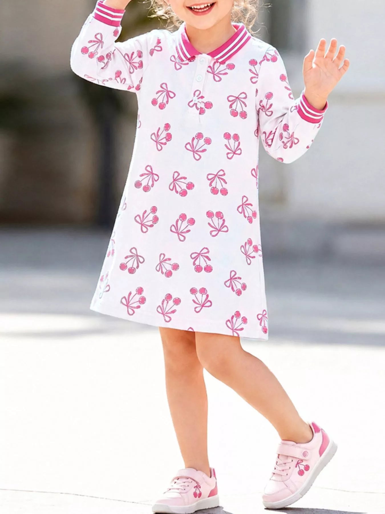 Children's Long-Sleeve Cherry Print Polo Dress